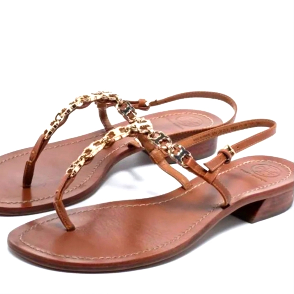 TORY BURCH GEMINI Gold Chain Thong Sandals Size 10